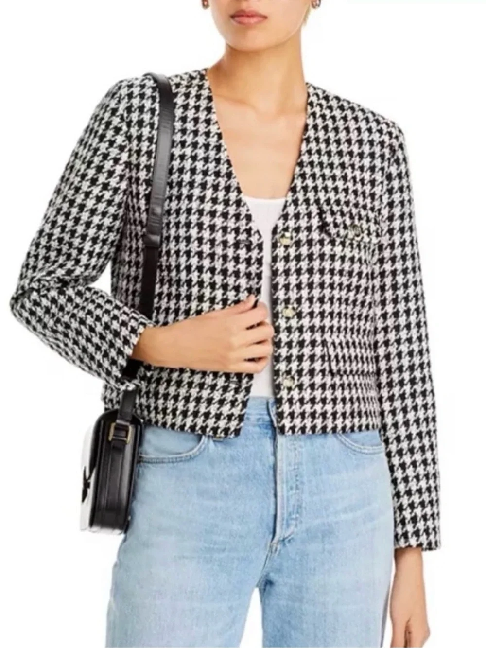 Anine Bing Black & White Houndstooth Cropped Blazer